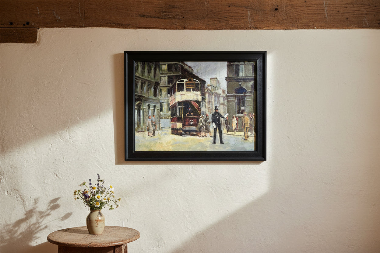 Keith Gardner RCA Large Oil Painting - Liverpool Tram & Policeman Framed 62x46cm
