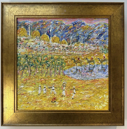 Gwynne Robins Original Acrylic Desert Oasis Scene with Camels & Figures