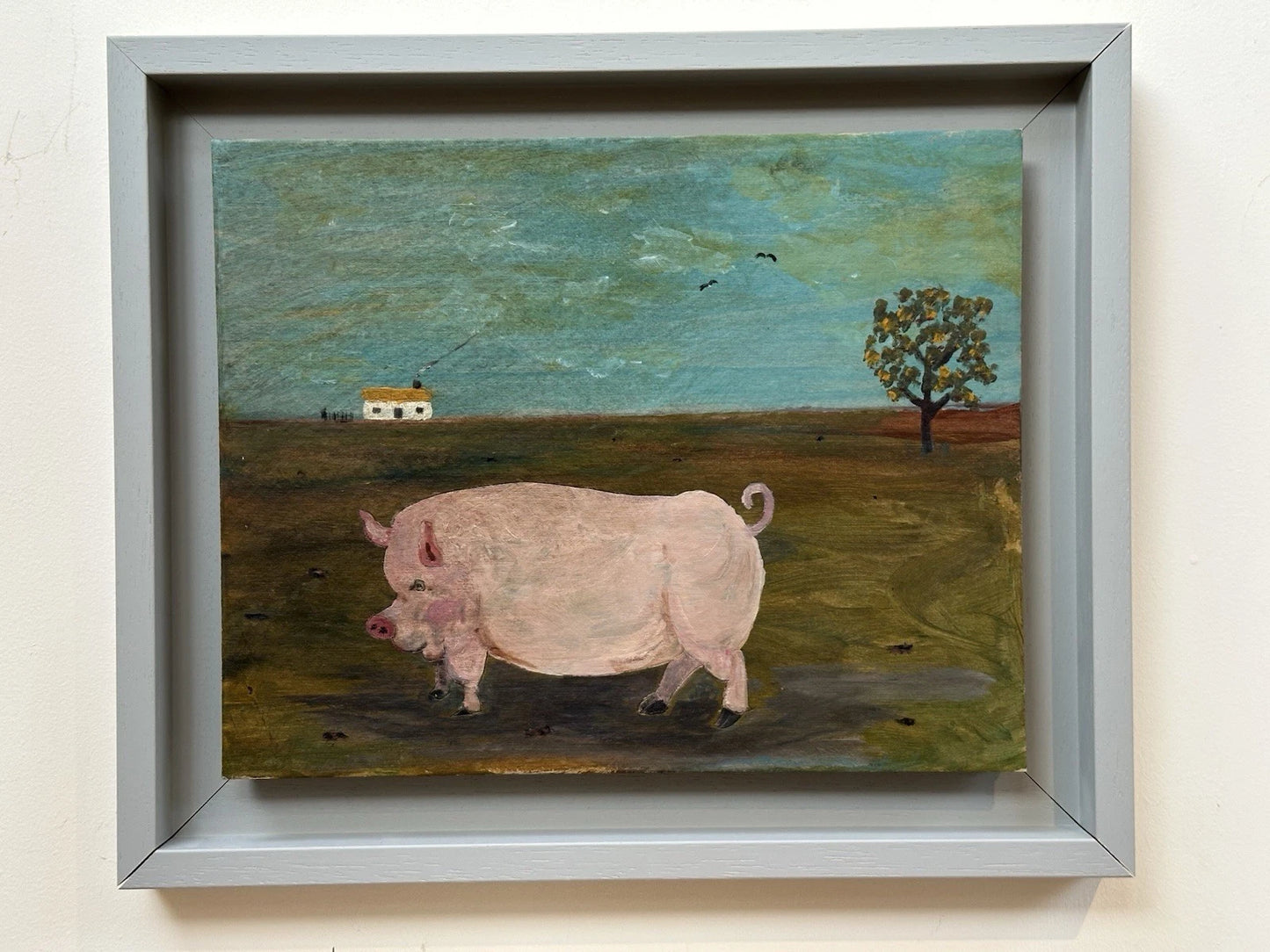 Steve Camps - Rare early original Naive Landscape - Pig Cottage Tree 33cmx26.5cm