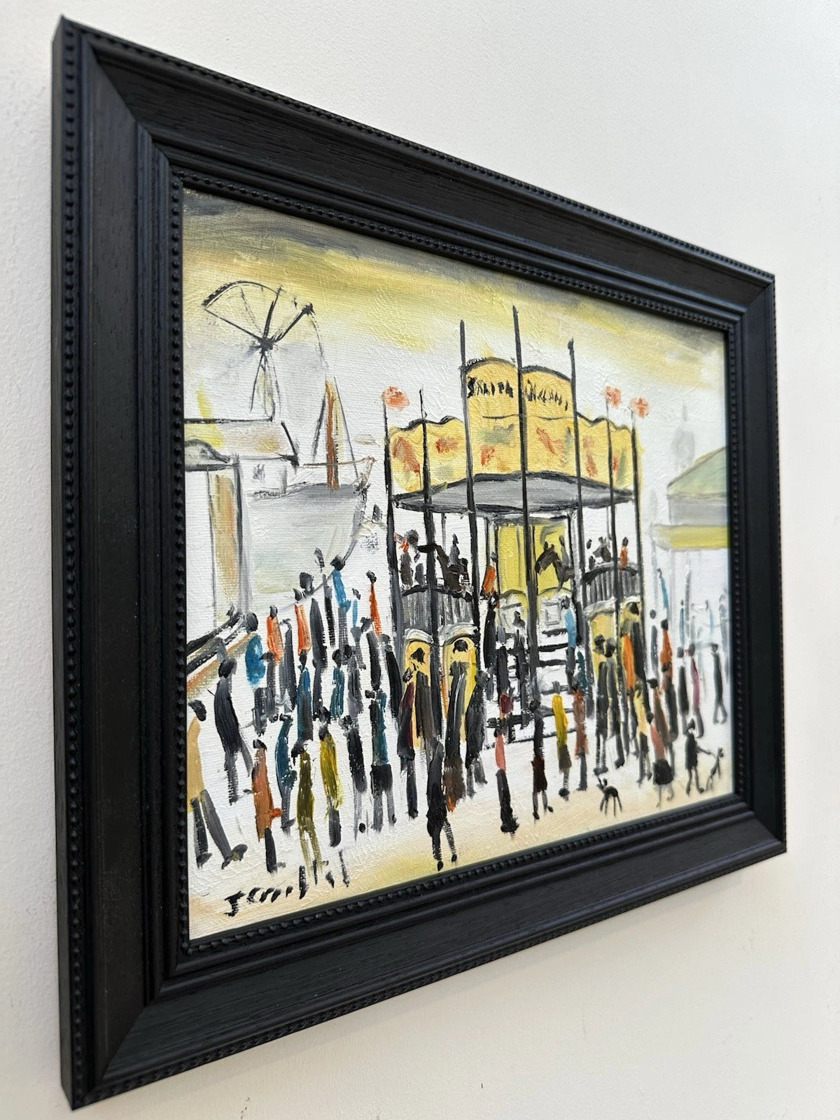 John Goodlad - Funfair at Dusk Oil Painting 10x12in Framed Signed Lowry Style