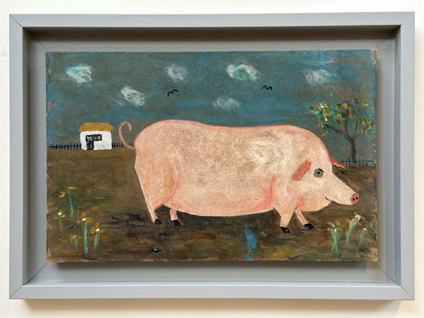 Steve Camps Rare early original Naive Landscape - Pig Cottage Flowers 39x25cm