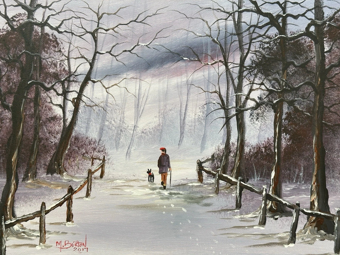 Mal Burton Original Oil Painting Snowy Winter Walk 40x30cm Signed Northern Art