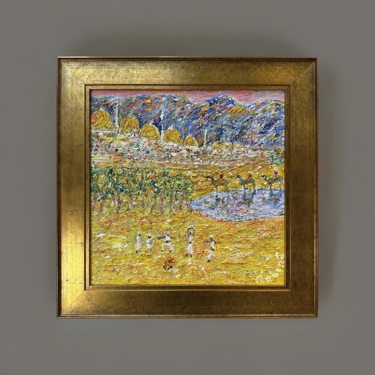 Gwynne Robins Original Acrylic Desert Oasis Scene with Camels & Figures