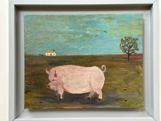 Steve Camps - Rare early original Naive Landscape - Pig Cottage Tree 33cmx26.5cm