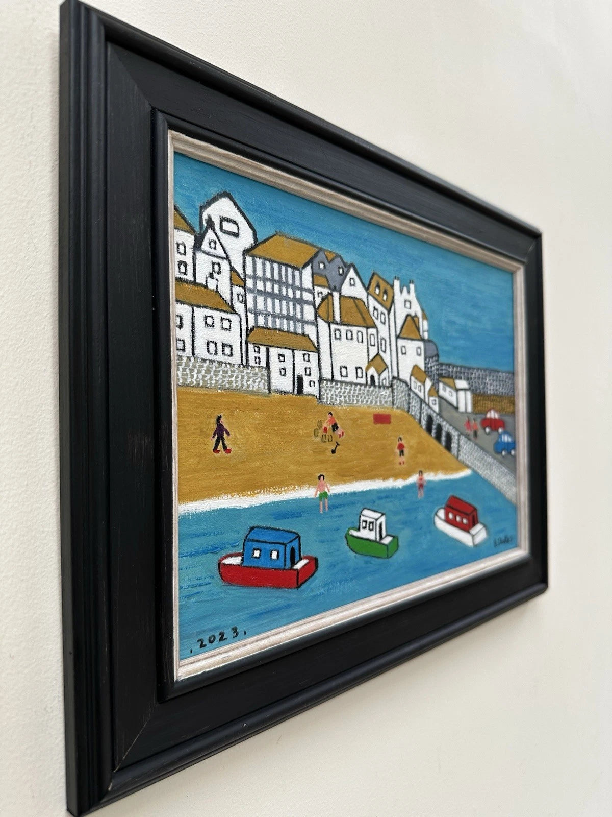 Barry Stokes - Framed Oil on Board 30x21cm Harbour Beach Scene Art After Lowry