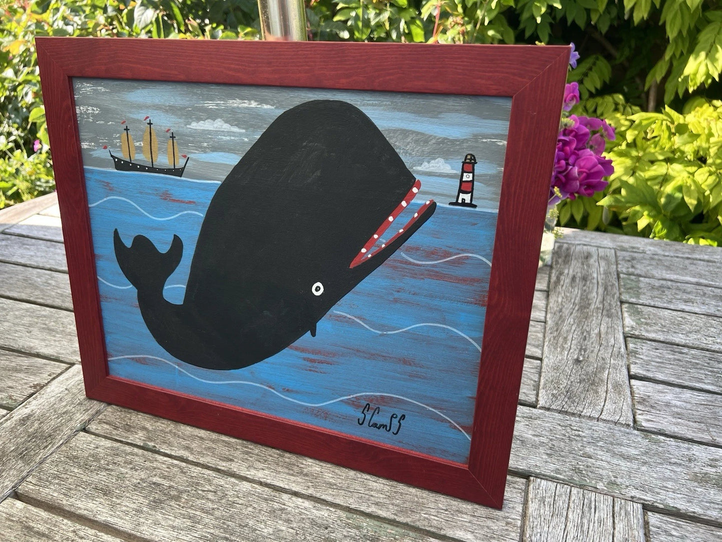 Steve Camps Original Oil Painting "Whale Boat Lighthouse" Naive Cornish Art