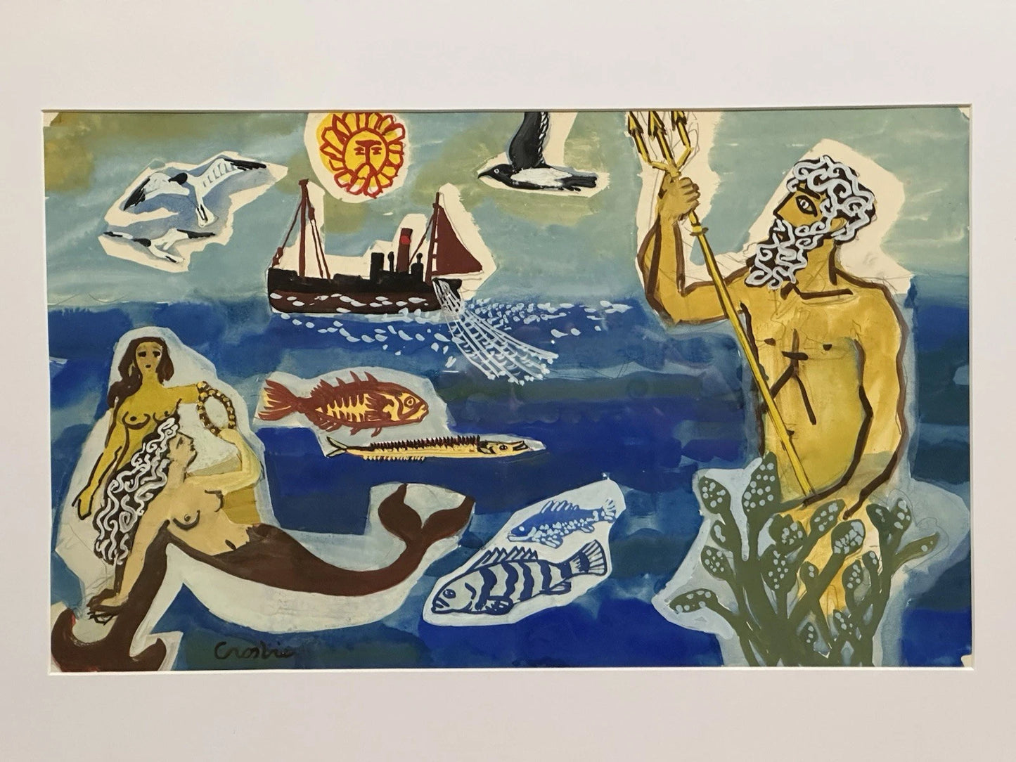 William Crosbie RSA ( Glasgow School ) Neptune & Mermaids - Mixed Media 50x31 cm