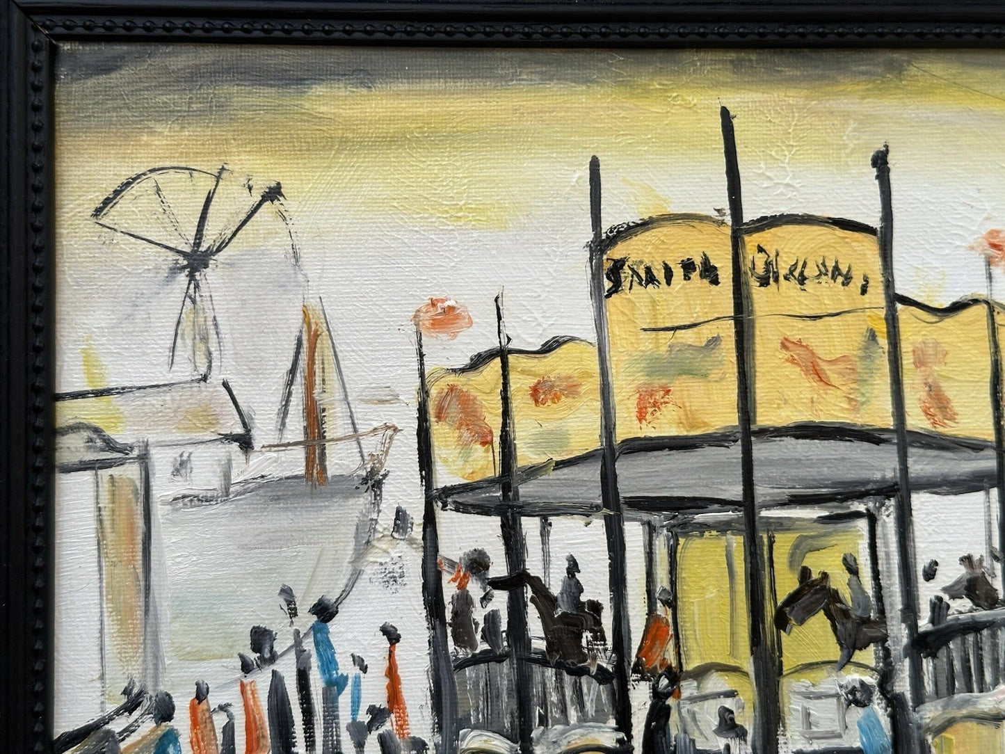 John Goodlad - Funfair at Dusk Oil Painting 10x12in Framed Signed Lowry Style