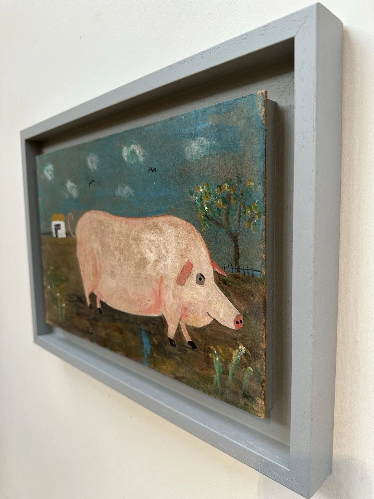 Steve Camps Rare early original Naive Landscape - Pig Cottage Flowers 39x25cm