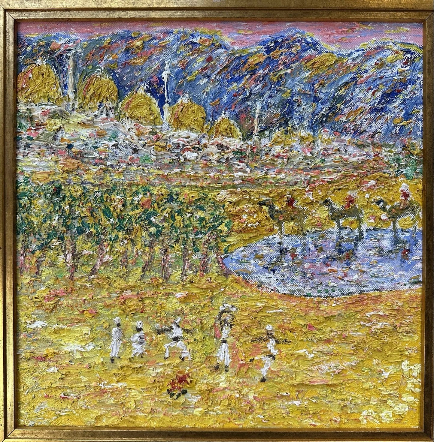 Gwynne Robins Original Acrylic Desert Oasis Scene with Camels & Figures