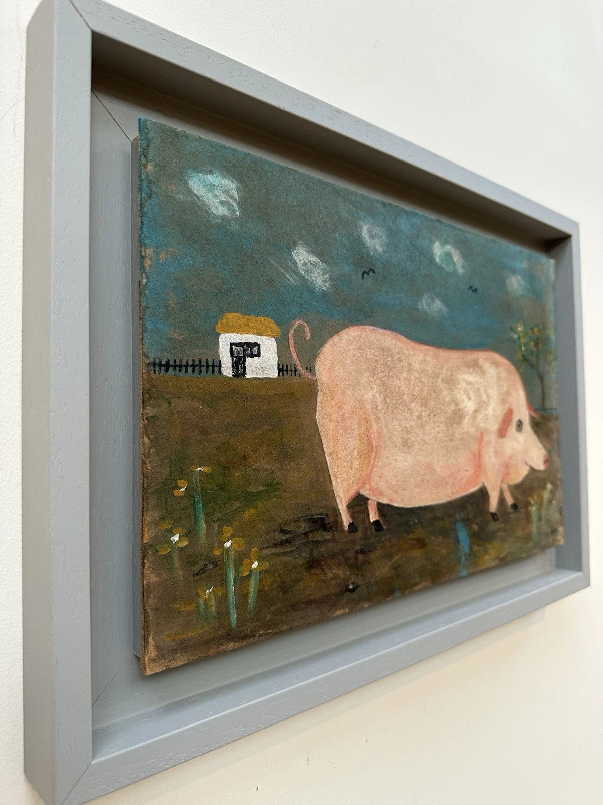 Steve Camps Rare early original Naive Landscape - Pig Cottage Flowers 39x25cm