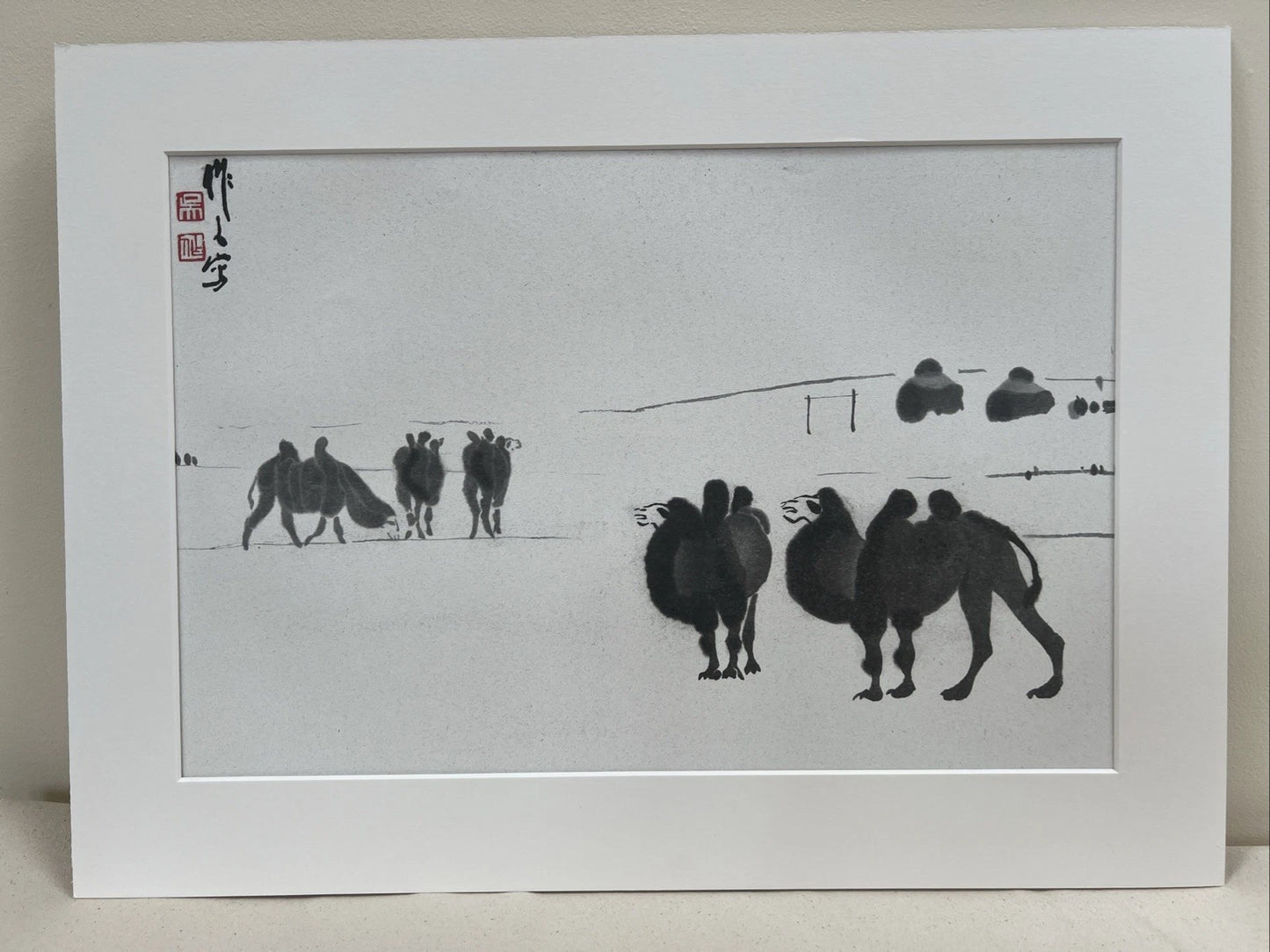 Wu Zuoren Print Chinese Ink Camels Asian Art Framed 57x42cm Mounted