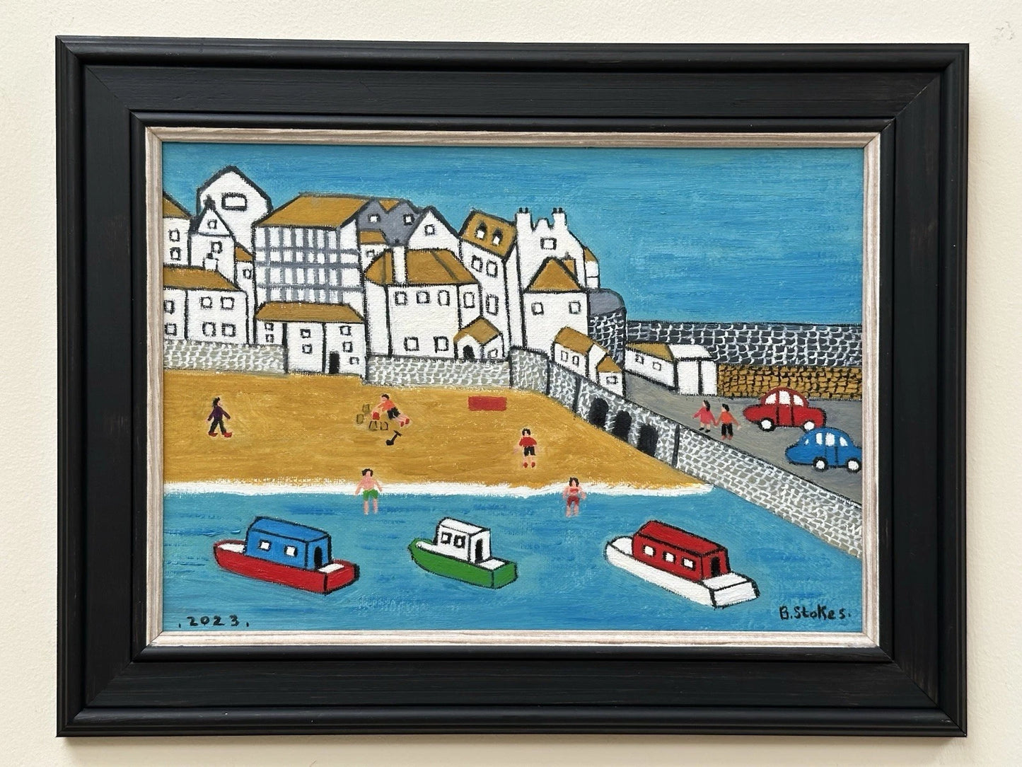 Barry Stokes - Framed Oil on Board 30x21cm Harbour Beach Scene Art After Lowry