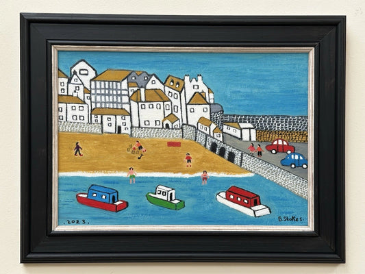 Barry Stokes - Framed Oil on Board 30x21cm Harbour Beach Scene Art After Lowry