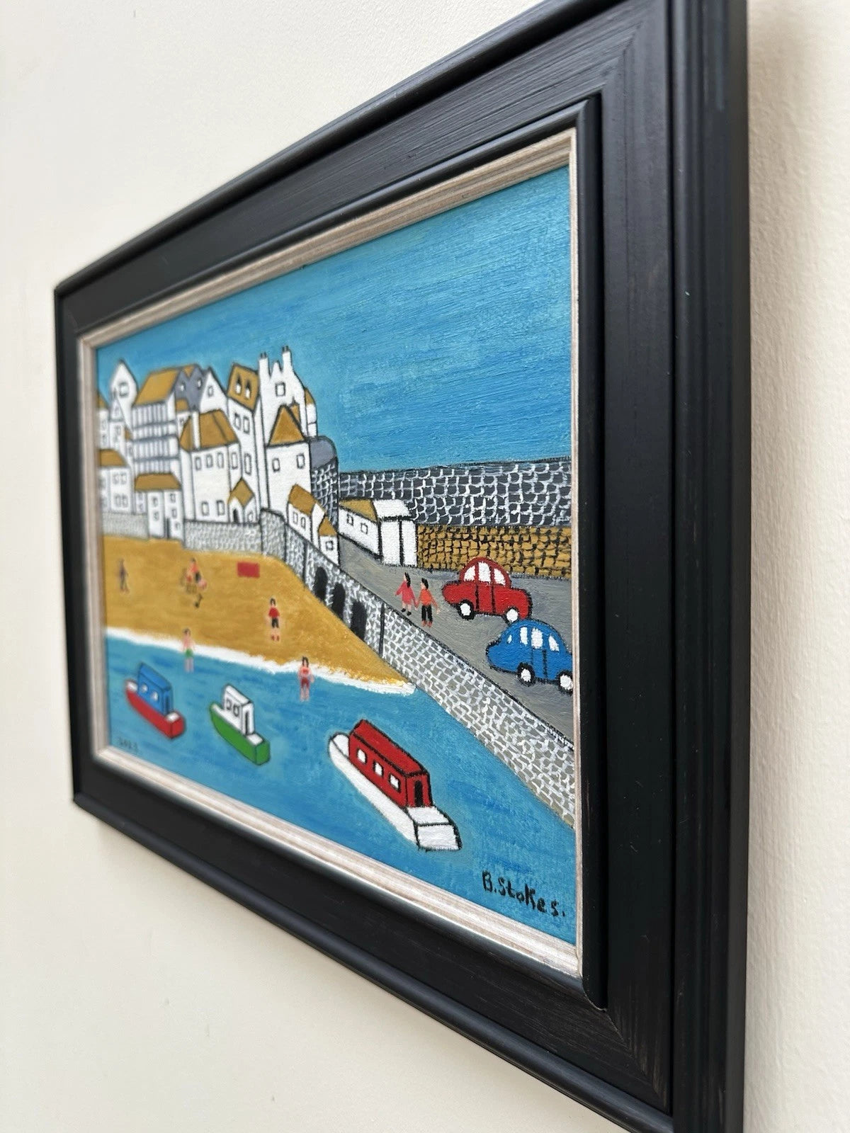 Barry Stokes - Framed Oil on Board 30x21cm Harbour Beach Scene Art After Lowry