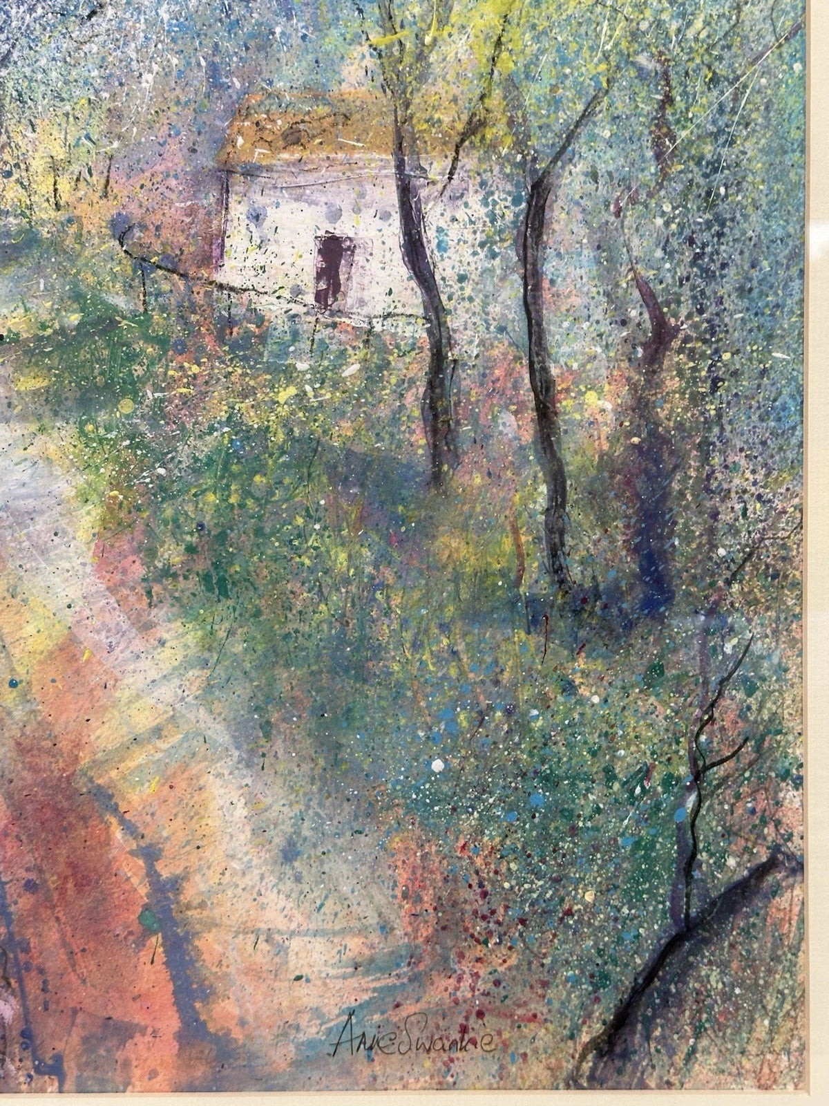 Anne Swankie - Charming Woodland Cottage Scene - Original Mixed Media 42x42cm