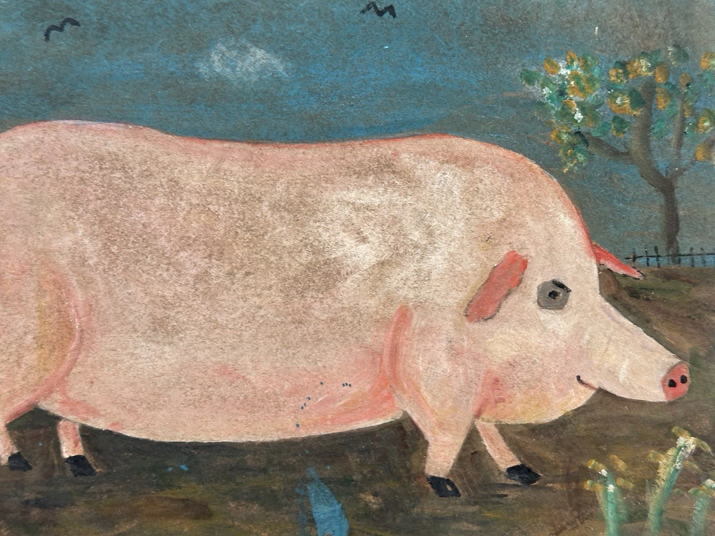 Steve Camps Rare early original Naive Landscape - Pig Cottage Flowers 39x25cm