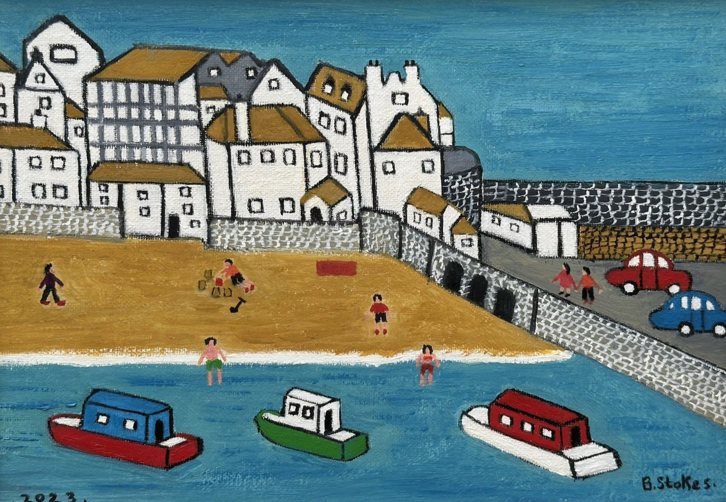 Barry Stokes - Framed Oil on Board 30x21cm Harbour Beach Scene Art After Lowry