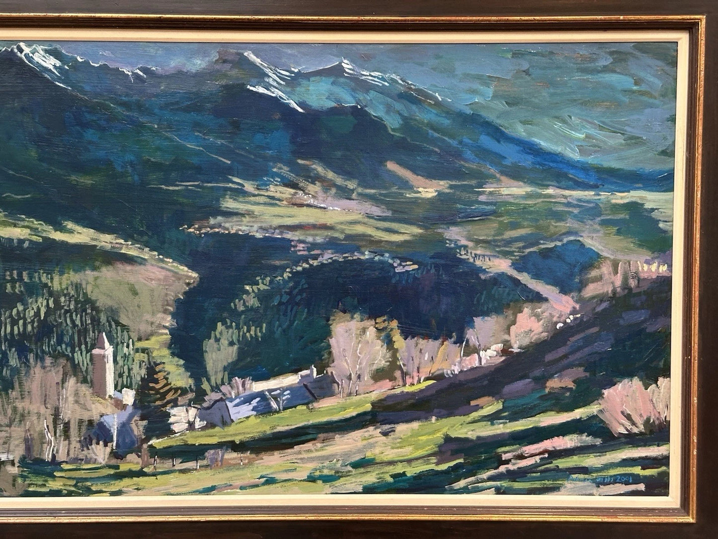 Patrick Gibbs - Mountain Village Landscape - Large Acrylic on board Signed 2001
