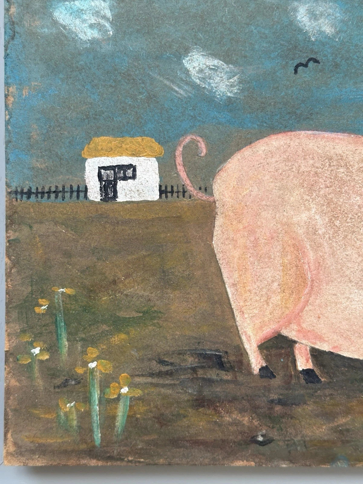 Steve Camps Rare early original Naive Landscape - Pig Cottage Flowers 39x25cm