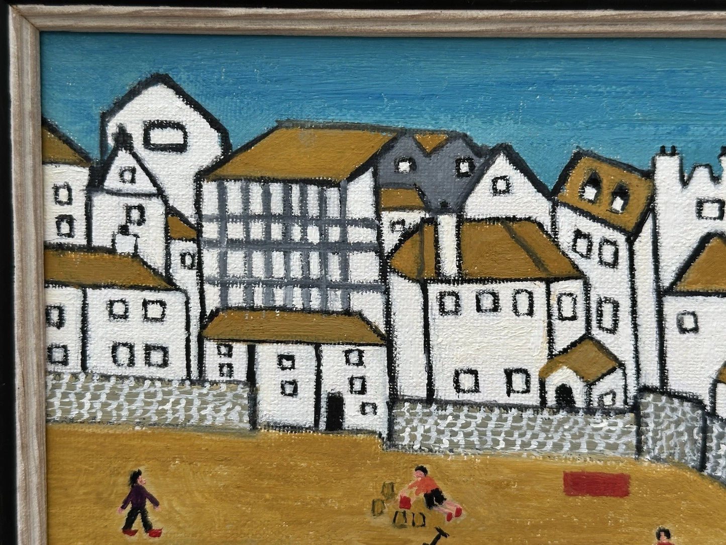 Barry Stokes - Framed Oil on Board 30x21cm Harbour Beach Scene Art After Lowry