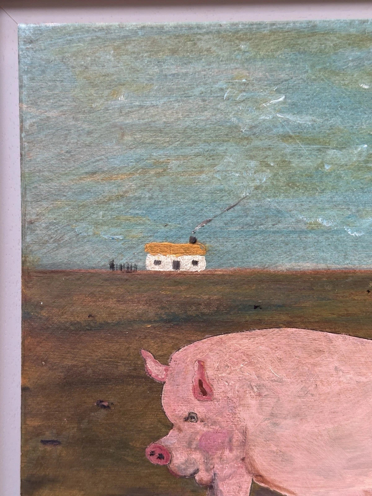 Steve Camps - Rare early original Naive Landscape - Pig Cottage Tree 33cmx26.5cm