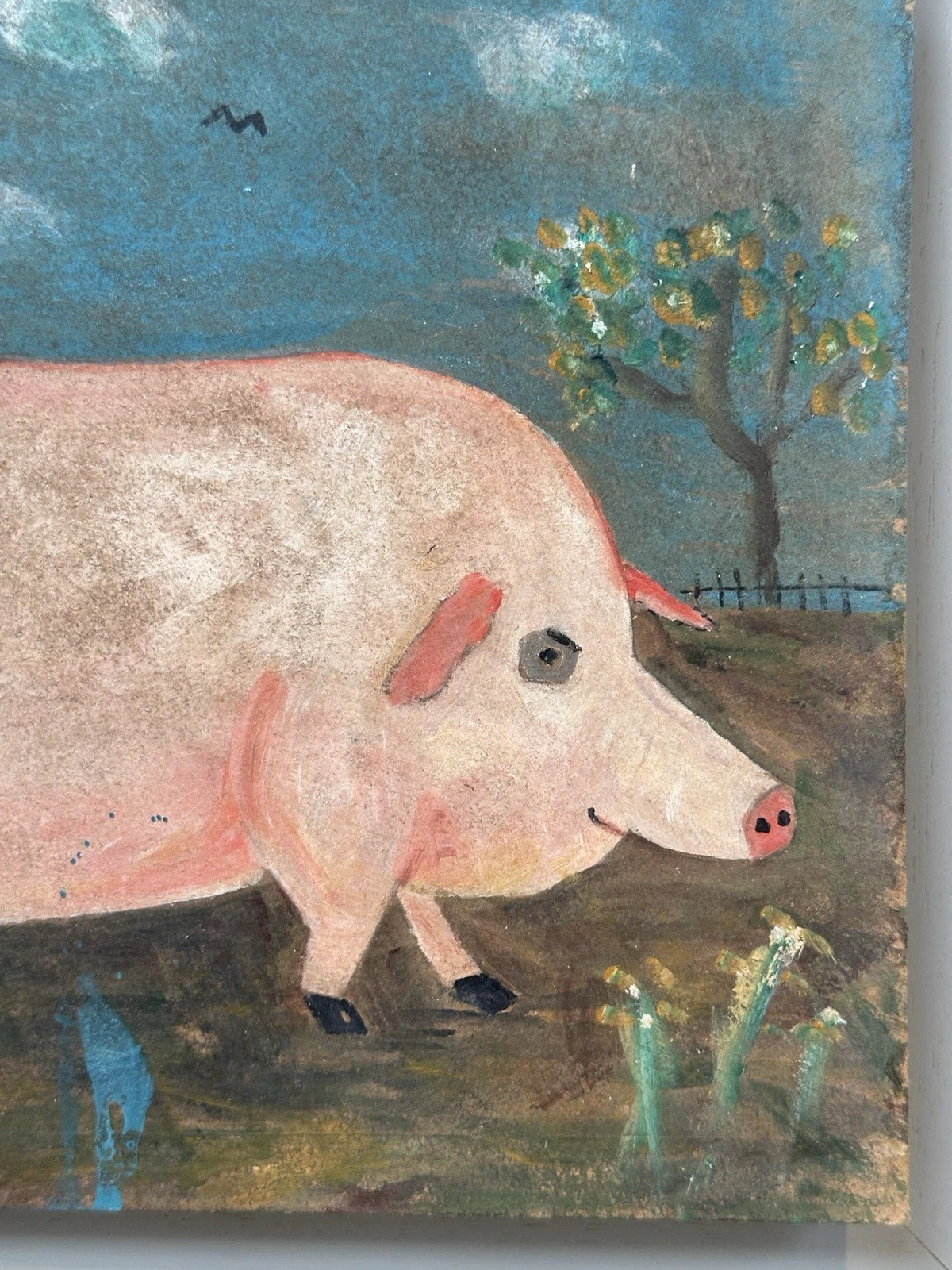Steve Camps Rare early original Naive Landscape - Pig Cottage Flowers 39x25cm