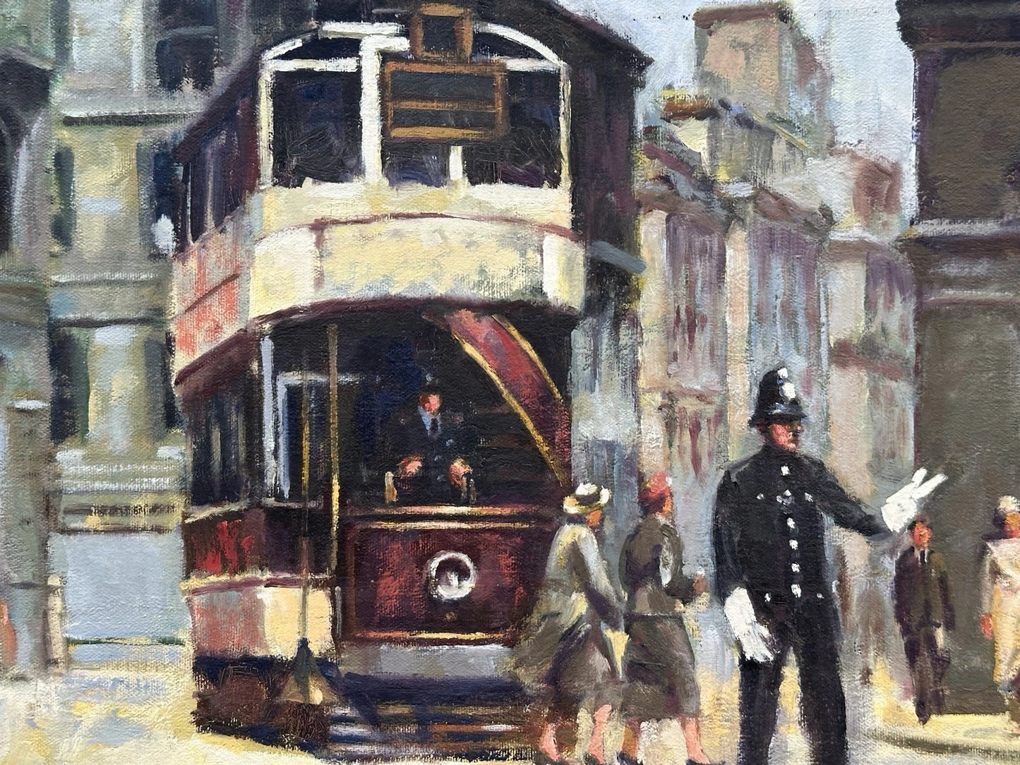 Keith Gardner RCA Large Oil Painting - Liverpool Tram & Policeman Framed 62x46cm