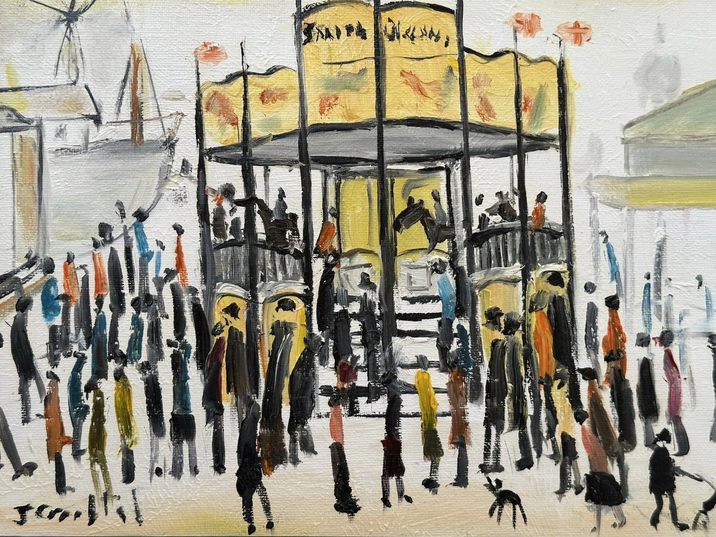 John Goodlad - Funfair at Dusk Oil Painting 10x12in Framed Signed Lowry Style