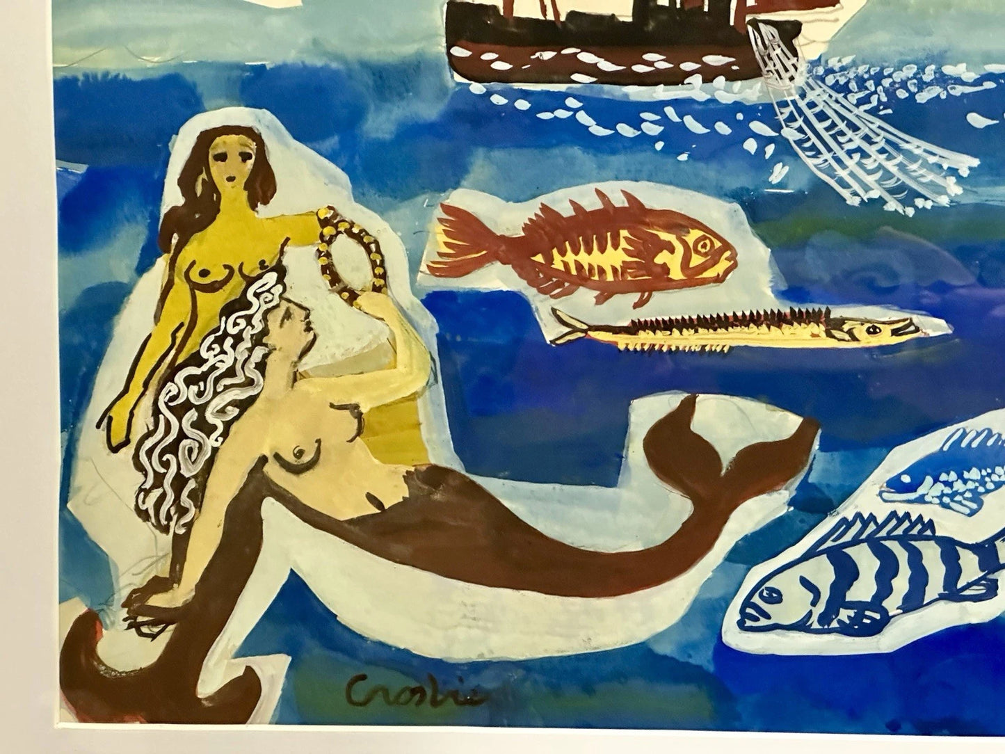William Crosbie RSA ( Glasgow School ) Neptune & Mermaids - Mixed Media 50x31 cm