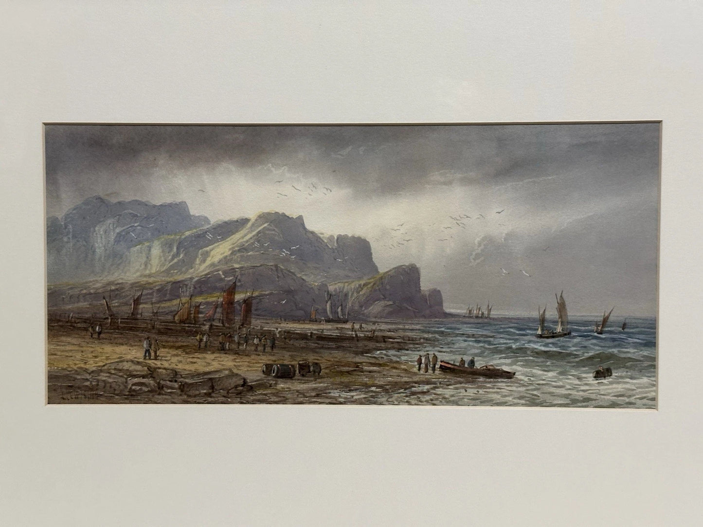 Lennard Lewis RA British Coastal Watercolour Heading Out at High Tide 17x36cm