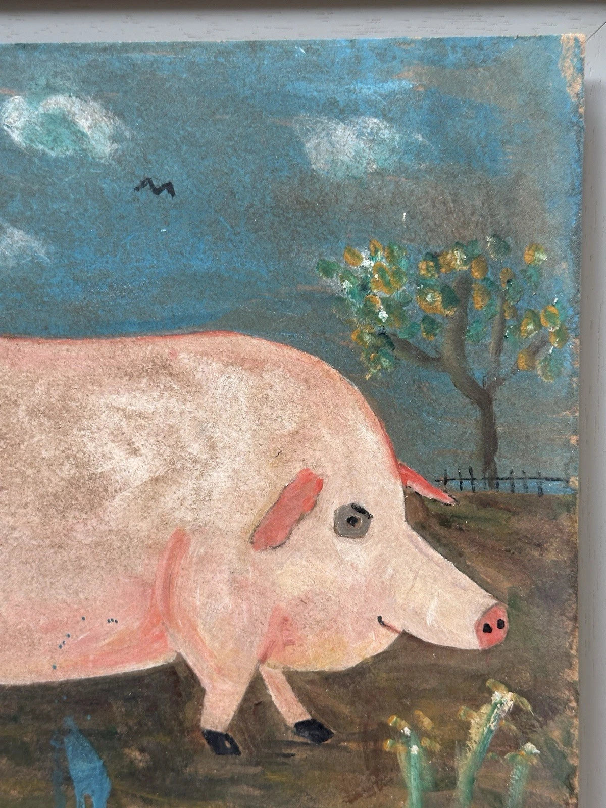 Steve Camps Rare early original Naive Landscape - Pig Cottage Flowers 39x25cm