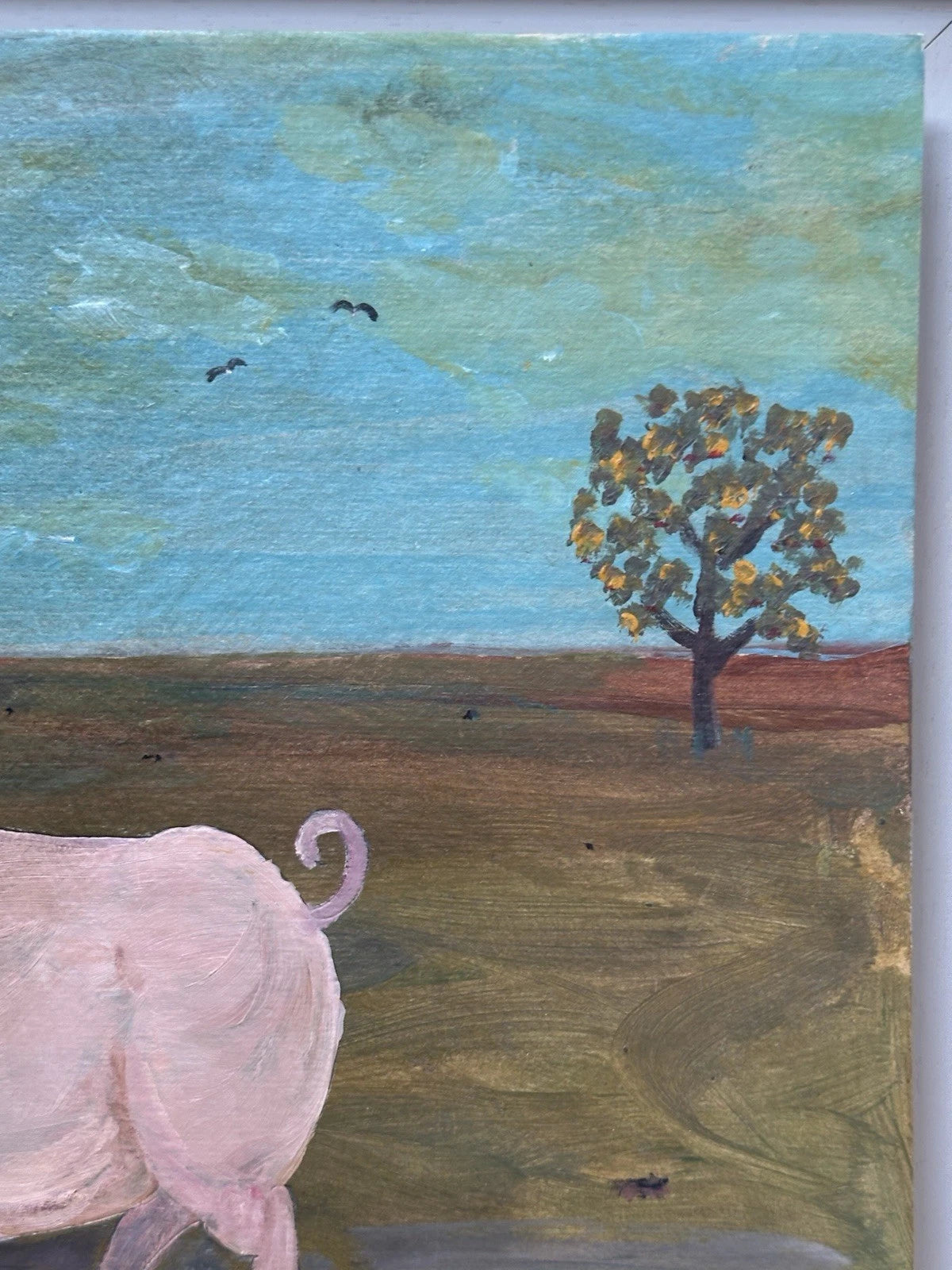 Steve Camps - Rare early original Naive Landscape - Pig Cottage Tree 33cmx26.5cm