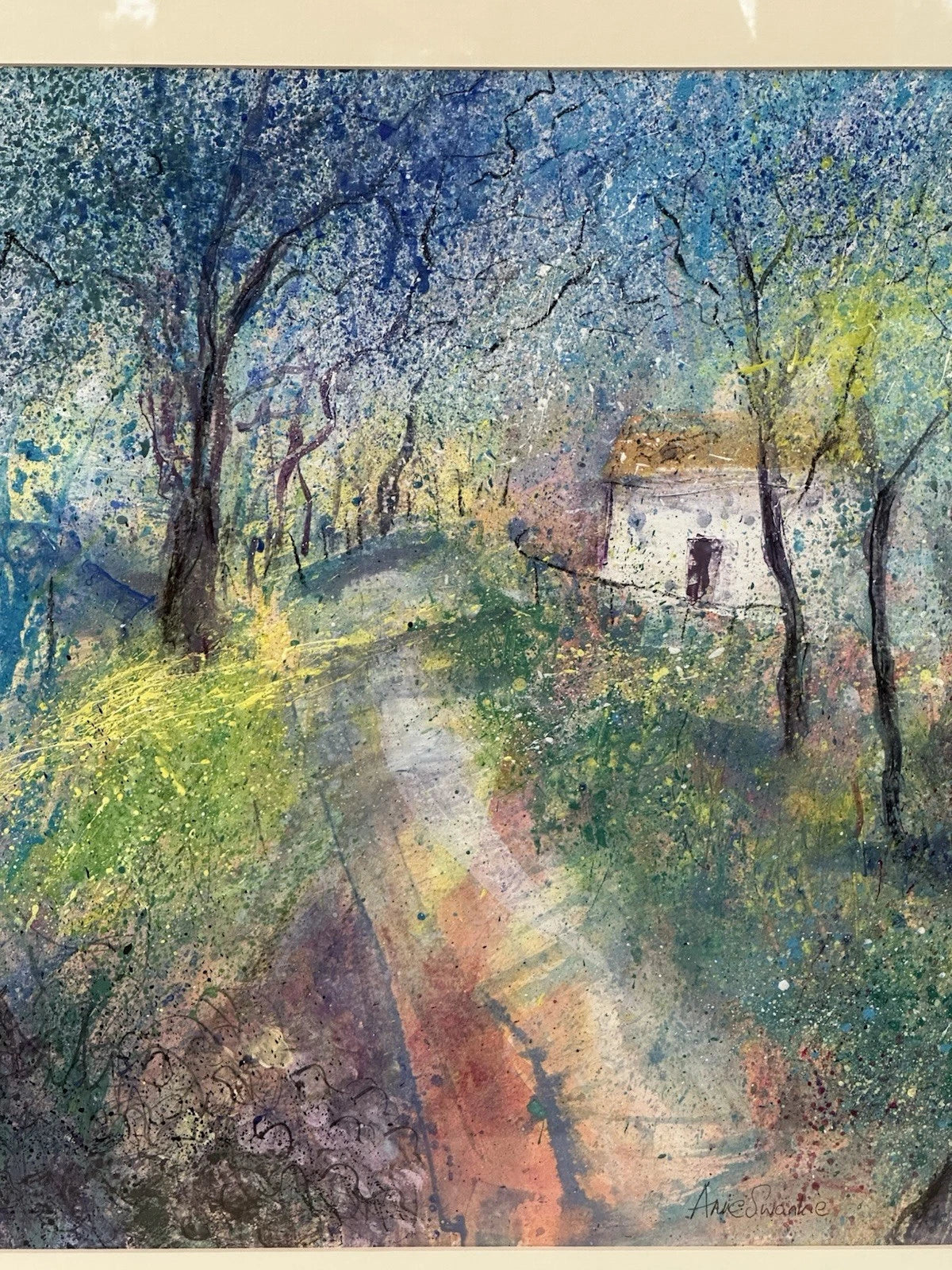 Anne Swankie - Charming Woodland Cottage Scene - Original Mixed Media 42x42cm