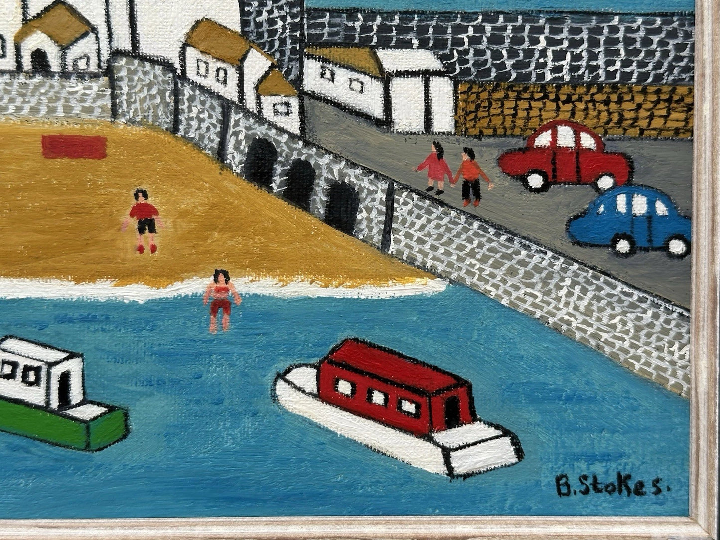Barry Stokes - Framed Oil on Board 30x21cm Harbour Beach Scene Art After Lowry