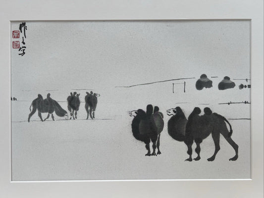 Wu Zuoren Print Chinese Ink Camels Asian Art Framed 57x42cm Mounted