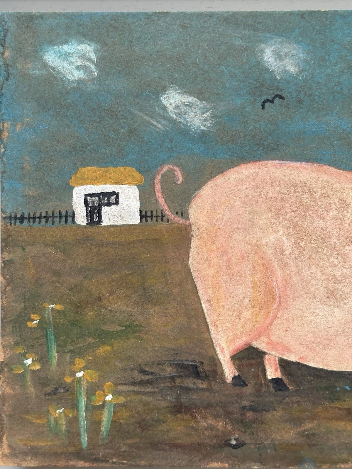 Steve Camps Rare early original Naive Landscape - Pig Cottage Flowers 39x25cm