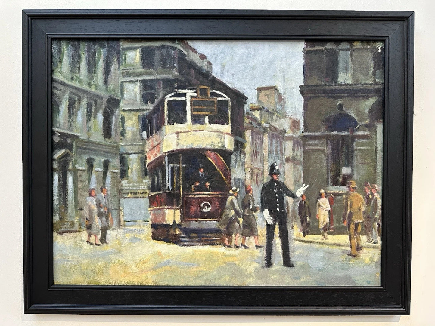 Keith Gardner RCA Large Oil Painting - Liverpool Tram & Policeman Framed 62x46cm