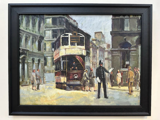 Keith Gardner RCA Large Oil Painting - Liverpool Tram & Policeman Framed 62x46cm