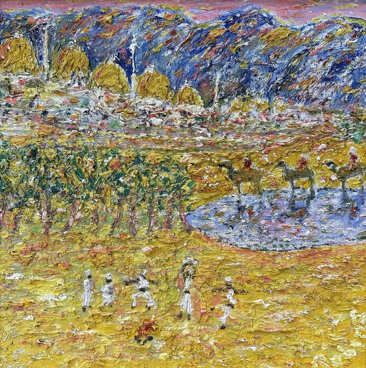 Gwynne Robins Original Acrylic Desert Oasis Scene with Camels & Figures
