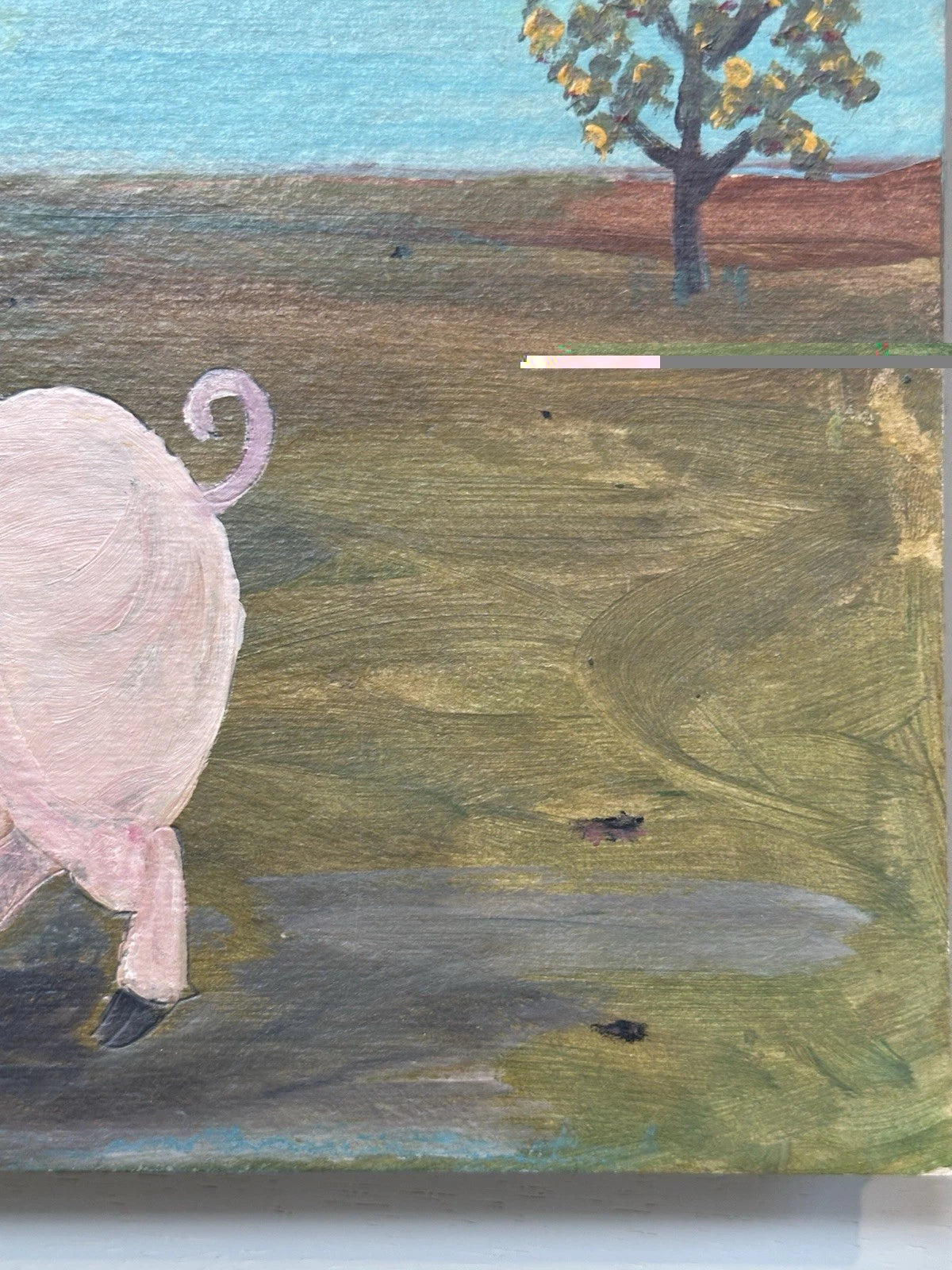 Steve Camps - Rare early original Naive Landscape - Pig Cottage Tree 33cmx26.5cm