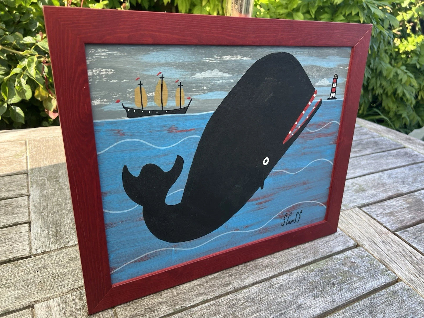 Steve Camps Original Oil Painting "Whale Boat Lighthouse" Naive Cornish Art