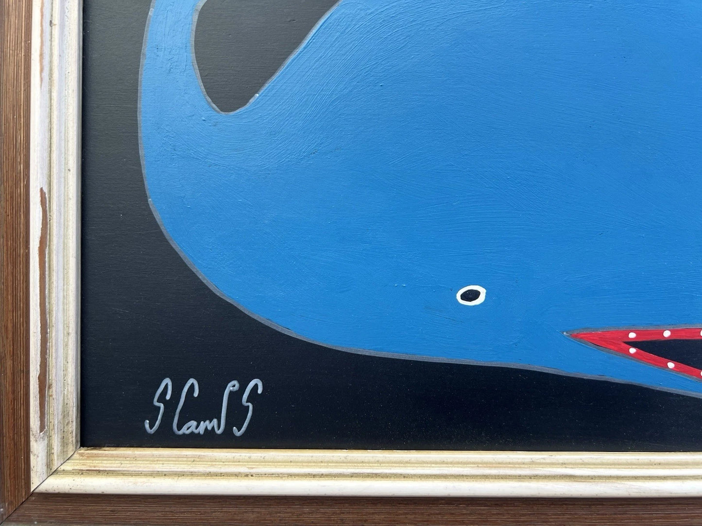 Steve Camps Oil Painting BIG Blue Whale Signed Naive Folk Art Coastal Naive