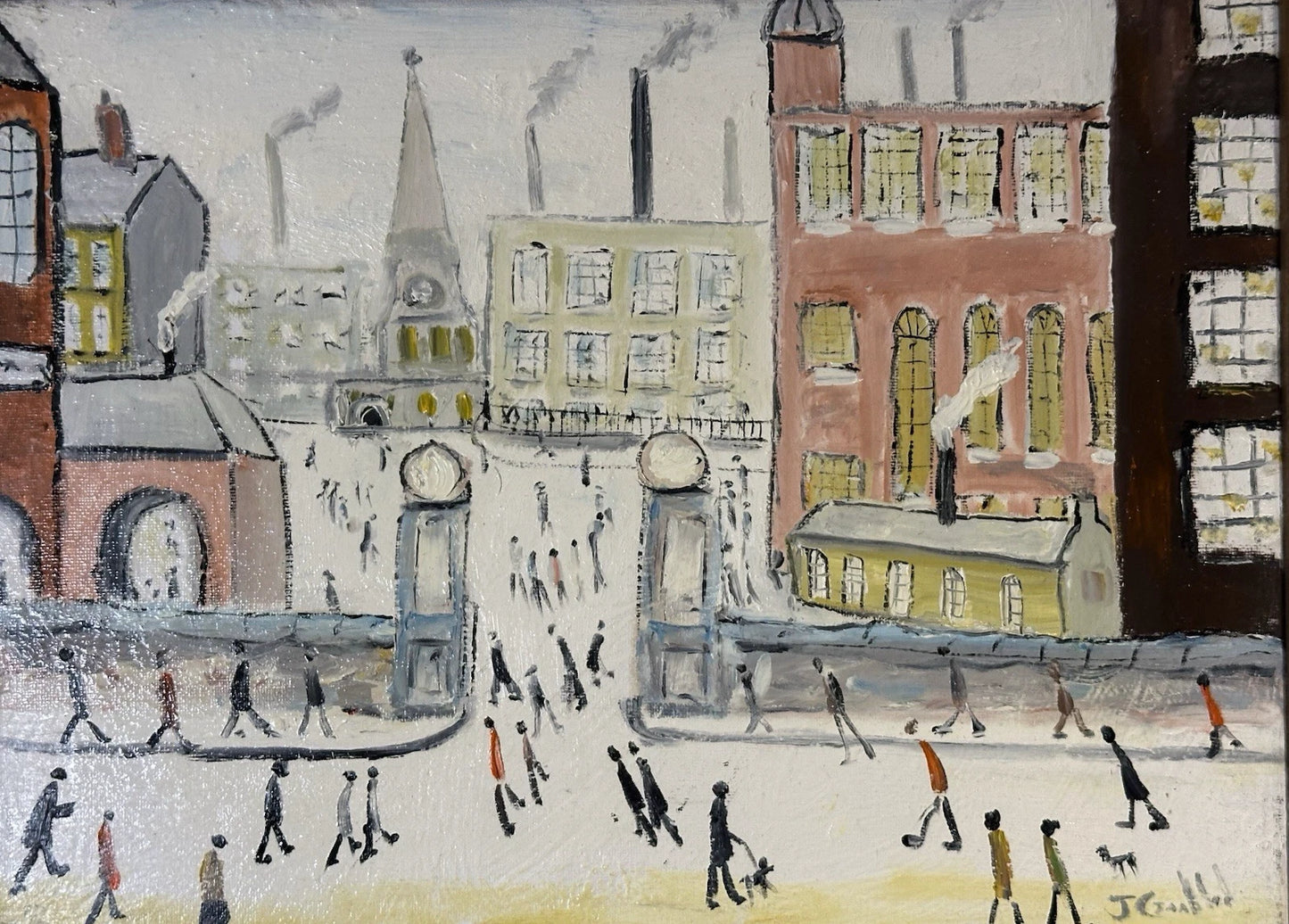 John Goodlad - Working at the Mills - Framed Oil on Canvas 40x30cm After Lowry