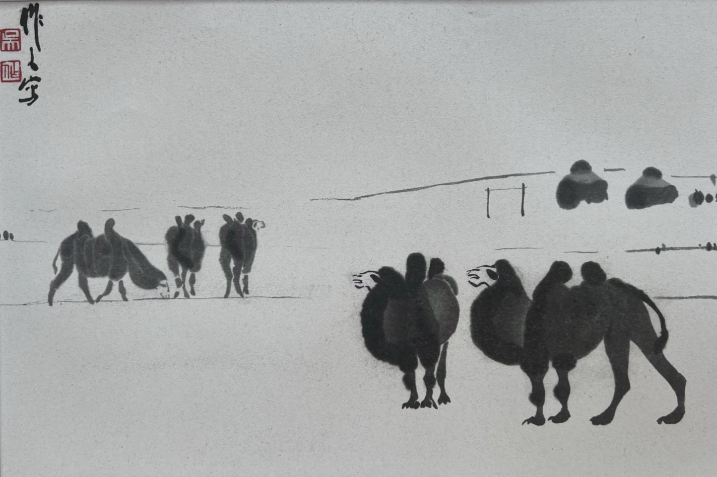 Wu Zuoren Print Chinese Ink Camels Asian Art Framed 57x42cm Mounted