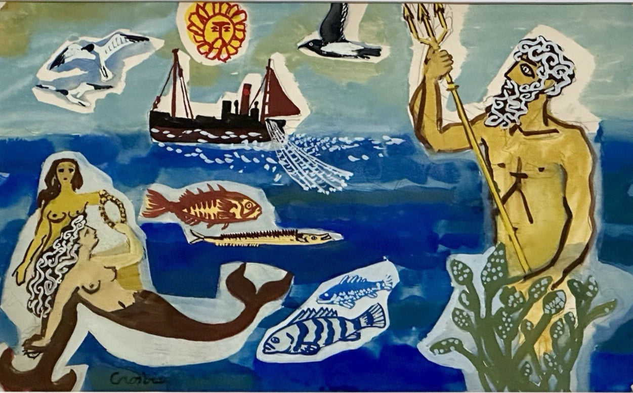 William Crosbie RSA ( Glasgow School ) Neptune & Mermaids - Mixed Media 50x31 cm