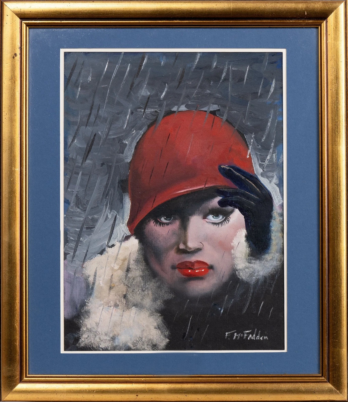 Frank McFadden Red Hat on a Rainy Day circa 2010 signed oil on board female portrait in gilt frame