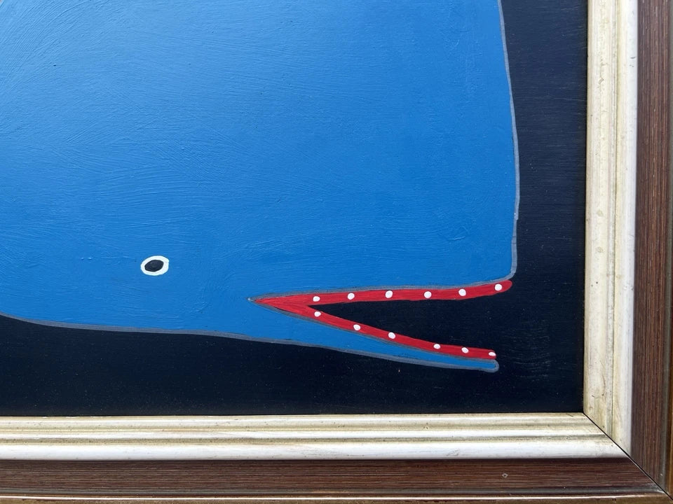 Steve Camps Oil Painting BIG Blue Whale Signed Naive Folk Art Coastal Naive
