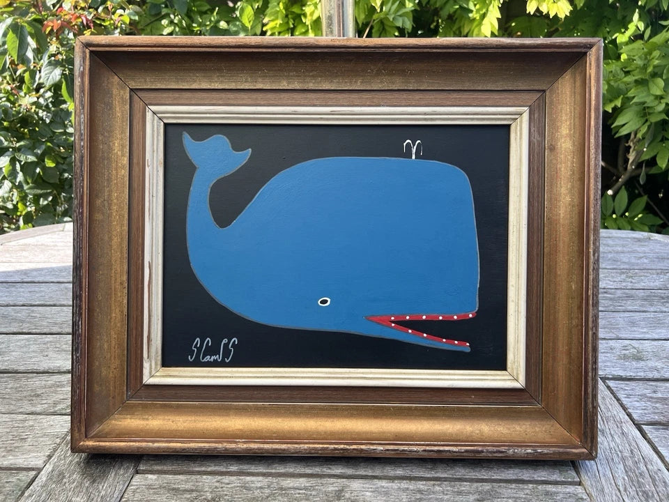 Steve Camps Oil Painting BIG Blue Whale Signed Naive Folk Art Coastal Naive