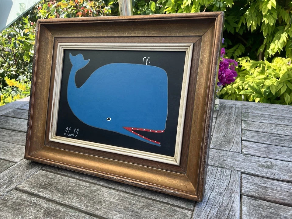 Steve Camps Oil Painting BIG Blue Whale Signed Naive Folk Art Coastal Naive